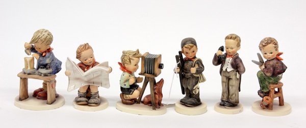 Hummel figurines: Hummel figurines ''Chimney Sweep'' 5th mark, 5.75''; ''The Photographer'' 6th mark, 4.75''; ''Latest News'' 6th mark, 5.5''; ''Little Tailor'' 5th mark, 6''; ''Hello'' 5th mark, 6''; and ''A Fair Meas