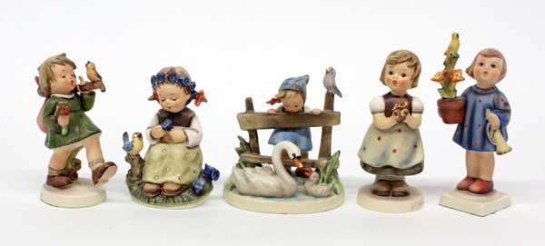 5 Hummel figurines: (lot of 5) Hummel figurines ''Congratulations'' 3rd mark, 6''; ''For Mother'' 5th mark, 5''; ''The Botanist'' 6th mark, 4.5''; ''Feathered Friends'' 6th mark, 4.5''; and ''Gay Adventure'' 6th mark, 5'
