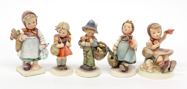 5) Hummel figurines: (lot of 5) Hummel figurines ''Farewell'' 6th mark, 5''; ''School Girl'' 3rd mark, 4.75''; ''Visiting an Invalid'' 5th mark, 5''; ''Easter Greetings'' 5th mark, 5''; and ''Weary Wanderer'' 5th mark, 5.
