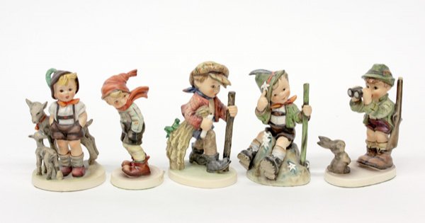 5) Hummel figurines: (lot of 5) Hummel figurines ''Little goat Herder'' 4th mark, 5.25''; ''Mountaineer'' 4th mark, 5''; Good Hunting'' 4th mark, 5''; ''March Winds'' 6th mark, 5''; and ''On Secret Path'' 6th mark, 5.5''