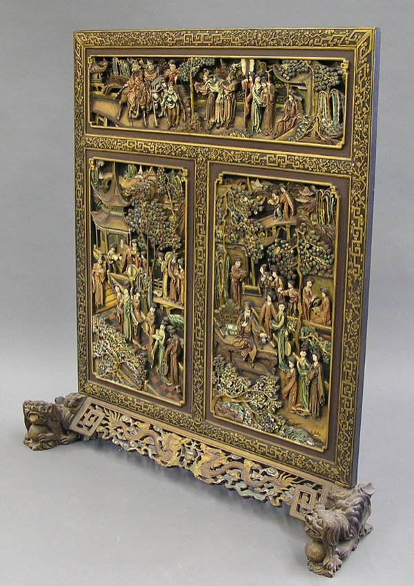 Chinese Carved Wood Screen: Chinese polychrome painted carved wooden free-standing screen, composed of three sections of one long panel above two tall rectangular panels, each featuring a narrative with warriors, maidens and off