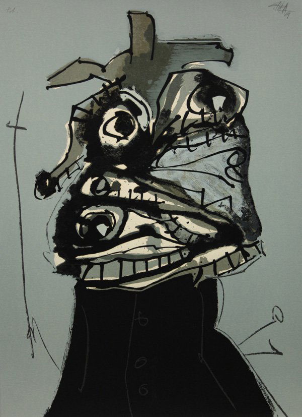 Abstract Figure in Blue and Black: Framed lithograph, Abstract Figure in Blue and Black, c. 1970, by Antonio Saura (Spanish, 1930-1998), signed "Saura" upper right, overall: 32.5"h x 24.75"w