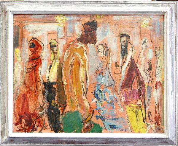Pascal Cucaro Walking Figures: Framed oil on canvas board, Walking Figures, by Pascal Cucaro (Californian, 1915-2004), signed ''Cucaro'' lower right, overall: 26.5''h x 32.5''w