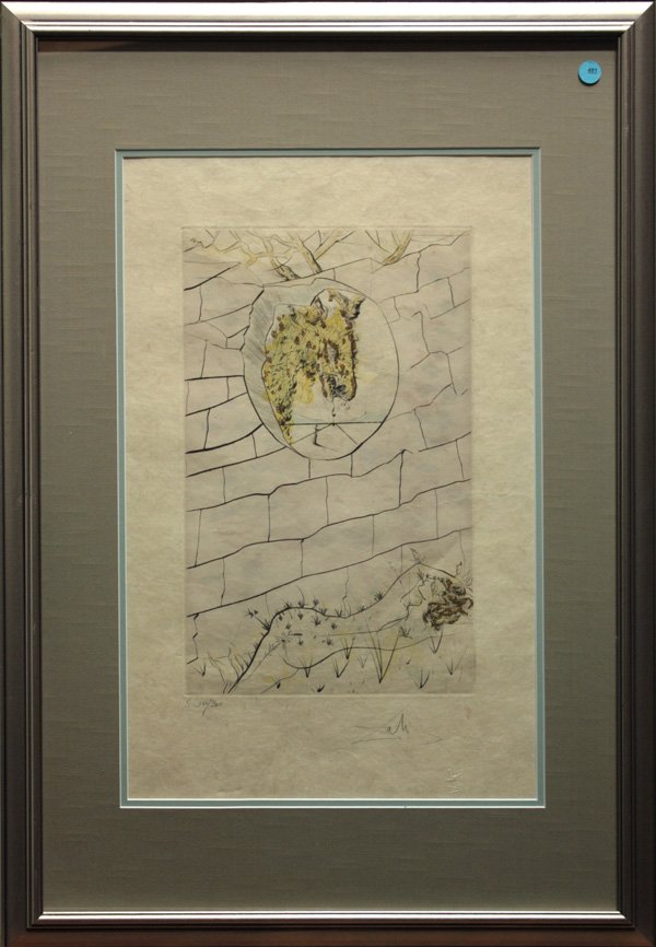 print, after Dali, Leon Amiel: Framed engraving with color stencil on japon nacre paper, Capricorn visiting Sleeping Woman, after Salvador Dali, published by Leon Amiel, signed lower right, bears blindstamp lower right, numbered 10