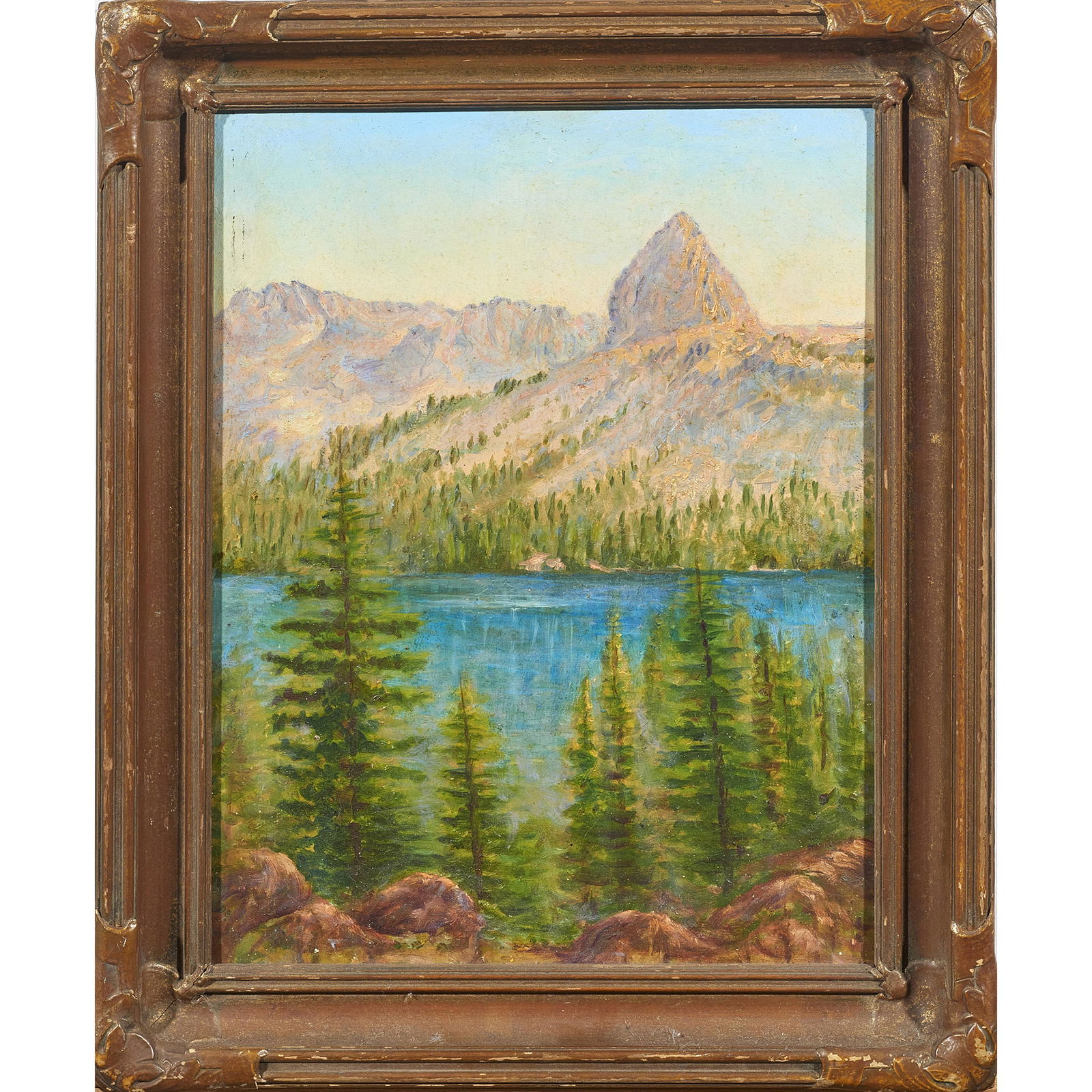 Painting, Haig S. Arklin: Haig S. Arklin (American, 1881-1965), "Lake George and the Crystal Crag- Mammoth Lake," oil on board, signed and titled verso, board: 16"h x 12"w, overall (with frame): 19.5"h x 15.5"w
