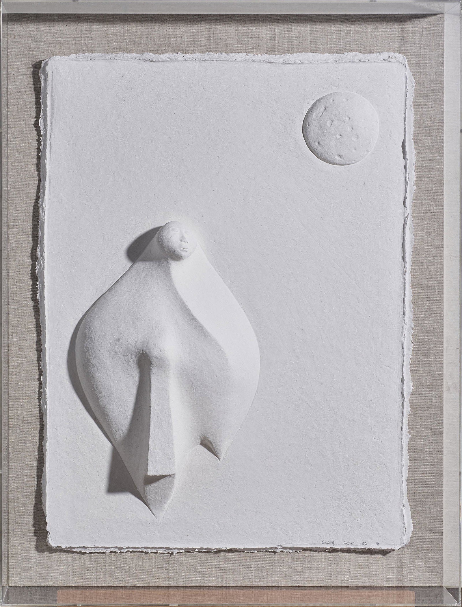 Cast paper, Figure and Sun: Figure and Sun, 1982, cast paper intaglio, signed "Binder" and dated lower right, edition 20/75, overall (with plexi-glass box frame): 32"h x 24"w x 5"d