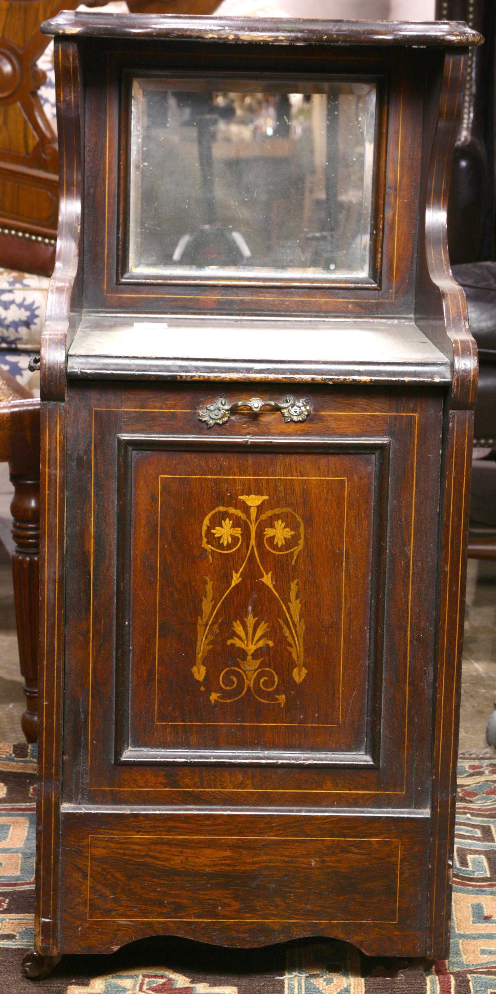 Edwardian mahogany purdonium: Edwardian mahogany purdonium, having a mirrored back above the fall front containing a coal scuttle, 34"h x 15"w x 13.5"d
