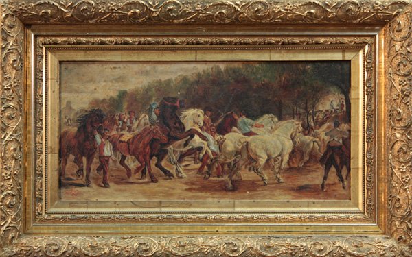 painting, after Rosa Bonheur, Horse Fair, 1930: Framed oil on board, ''The Horse Fair,'' initialed and dated ''HLW 1930'' lower left, after Rosa Bonheur, sight: 7''h x 14.5''w, overall: 12.5''h x 20''w