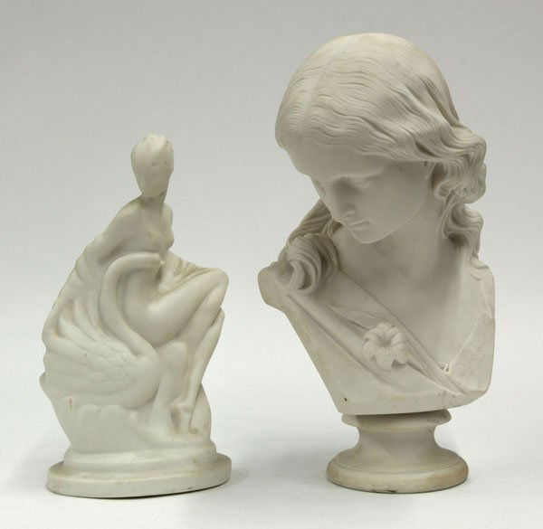 Copeland parianware bust: (lot of 2) Copeland parianware bust of a young girl looking to her right with flowing hair and lily, impressed to the back Ceramic and Crystal Palace Art Union, published November 1869, sculptor M. No