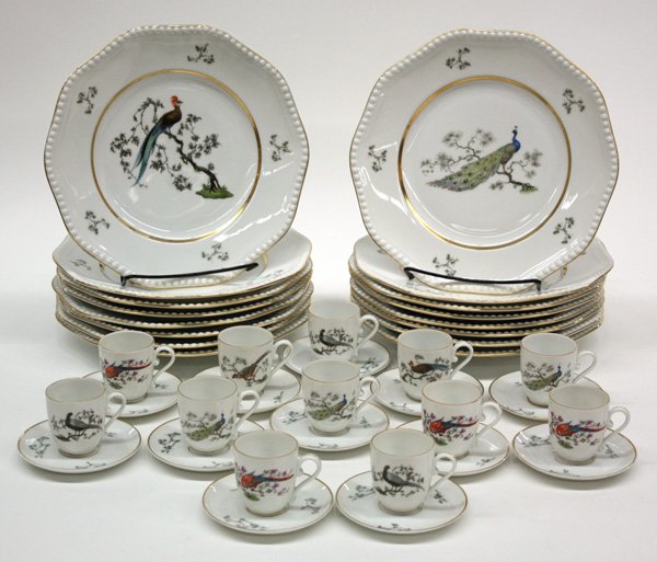 Rosnthal Bird of Paradise dinnerware: (lot of 40) Rosenthal Bird of Paradise pattern dinnerware, consisting of 16 dinner plates, 12 demitasse cups & saucers