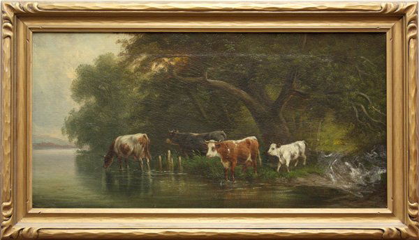 Landscape with Cows by a River: Framed oil on canvas, Landscape with Cows by a River, unsigned, late 19th/early 20th century, in the manner of William Keith (Californian, 1838-1911), label affixed verso, sight: 11.5''h x 22.75''w, o