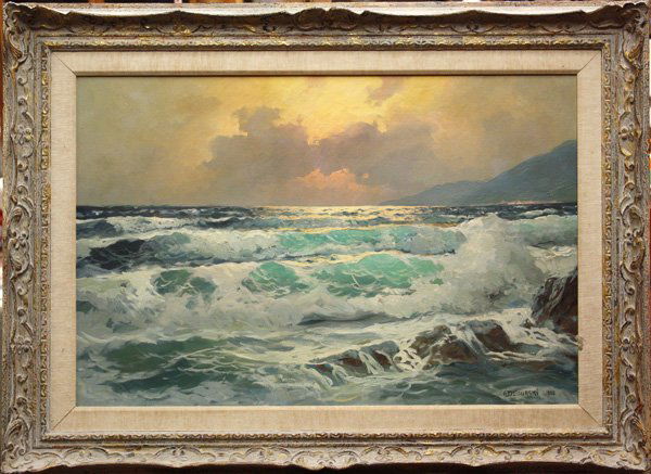 painting, Dzigurski, Seascape, 1960: Framed oil on canvas, Seascape at Sunset, by Alexander Dzigurski (Californian, 1911-1995), signed and dated ''A. Dzigurski 1960'' lower right, sight: 23.5''h x 35.5''w, overall: 33.75''h x 45.5''w