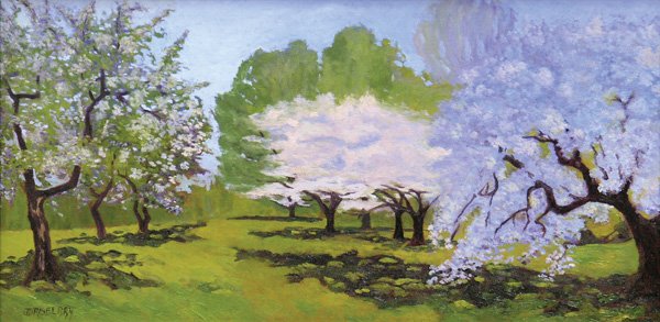 painting, Jesse Don Rasberry, Blooming Trees: Framed oil on canvas board, ''That Time Again,'' by Jesse Don Rasberry (Californian, b. 1940), signed ''J.D. Rasberry'' lower left, sight: 11.5''h x 23.5''w, overall: 18.25''h x 30.25''w. Note: 2nd pl