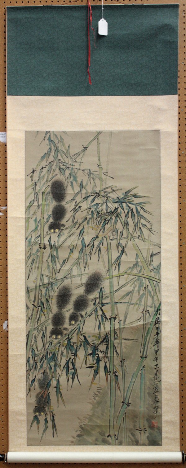 Chinese Scroll, attributed to Xu Gu,Squirrel: Chinese hanging scroll painting, Squirrel, attributed to Xu Gu (1824-96), ink and color on paper, the lower right inscribed, dated 'Guangxu ershi nian jiawu shiyi yue' (=1894 11th month) and bears sig