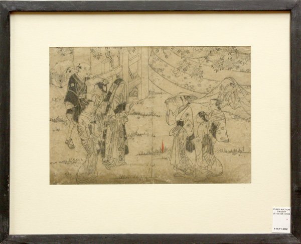 Framed Japanese Ukiyo-e Monochrome Woodblock Prin: Framed Japanese monochrome woodblock print, attributed to Nishikawa Sukenobu (1671-1751), depicting women passing by a courtesan and her attendants, reverse with notation 'appraised by Ichiro Shibata,