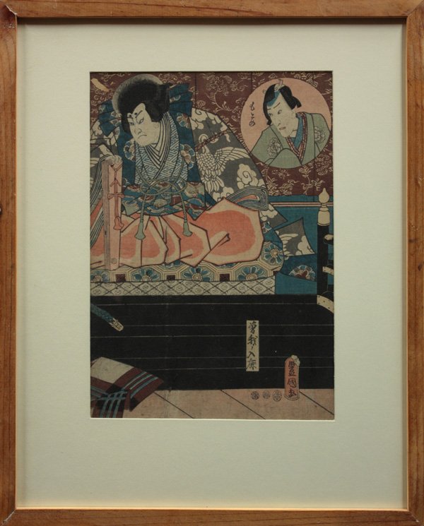 Japanese Ukiyo-e Woodblock Prints: (lot of 2) Japanese woodblock prints, the first of the actor Matsumoto Koshiro in role, with kiwame censor seal, signed Kuniyasu (Utagawa Kuniyasu (1794-1832), publisher mark of Uemura Yohei (conditio