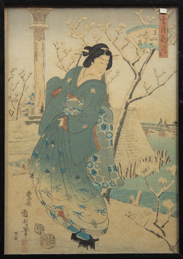 Two Japanese Ukiyo-e Woodblock Prints: (lot of 2) Framed Japanese woodblock prints, the first featuring a high-ranking courtesan from the house of Tsuru-ya, signed Toyokuni-ga, the second a single sheet from a Snow-Moon-Flower series with 