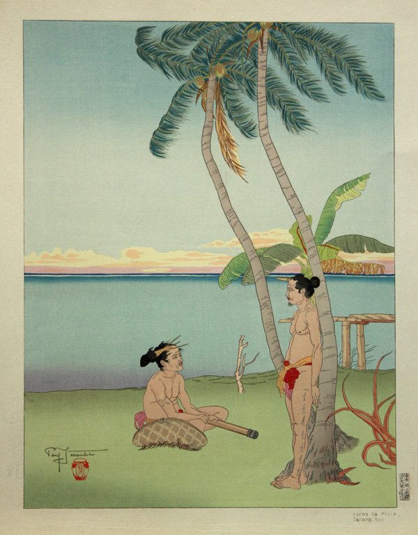 Paul Jacoulet Print, Apres La Pluie: Unframed color woodblock print, Apres la Pluie, Tarang, Yap (After the Rain, Tarang, Yap), [Miles #48] signed in pencil Paul Jacoulet (French, 1902-1960), April 2, 1938, tea jar seal, right margin wit