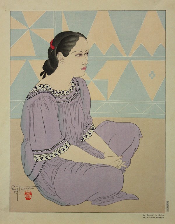 Paul Jacoulet Print, L'Nouvelle Robe: Unframed color woodblock print, La Nouvelle Robe, Metalanim, Ponape (The New Dress, Metalanim, Ponape), [Miles #50] signed in pencil Paul Jacoulet (French, 1902-1960), July 17 1938, tea jar seal, righ