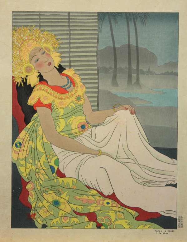 Paul Jacoulet Print, Apres La Danse: Unframed color woodblock print, Apres la Danse ''Celebes'' (After the Dance, Celebes), [Miles #67] signed in pencil Paul Jacoulet (French, 1902-1960), June 29, 1940, butterfly seal, right margin with 