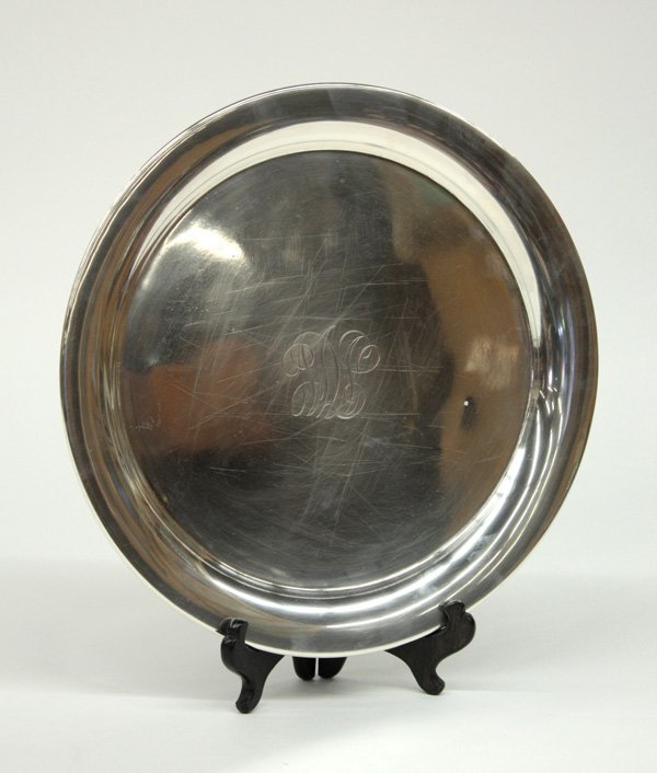 Gorham sterling silver circular tray: Gorham sterling silver circular beverage service tray, monogrammed indistinctly, 12''d, 17 troy oz. (scratches)
