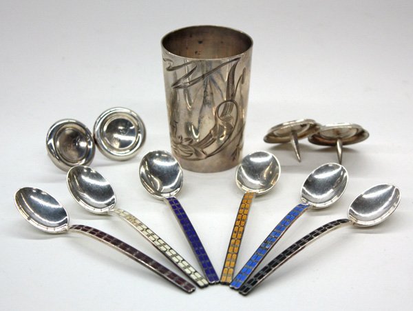Dutch 833 fine silver demitasse spoons: (lot of 11) Assemblage of silver table articles including a set of six Dutch 833 fine silver demitasse spoons with colorfully patterned enamelled handles; a set of four Finnish 830 fine silver candle 