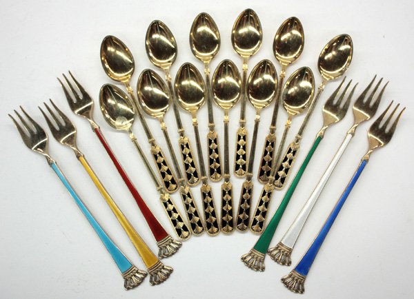 Scandinavian sterling enamelled flatware: (lot of 24) Scandinavian sterling enamelled flatware including a cased set of six Danish vermeil bouillon spoons by Egon Lauridsen (Copenhagen, 1936-1966) with colorful enamelling to handles and bowl 