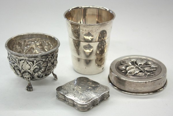 Dutch 833 fine silver cup, salt: (lot of 4) Collection of Dutch 833 fine silver items including a 1922 made small drinking cup, maker's mark 'W B'; a tripod based master salt decorated with repousse tavern scenes, made 1924; a pillbo