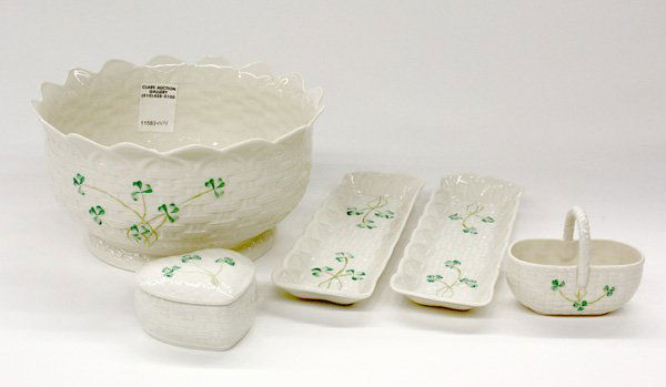 Belleek porcelain bowl, box, basket: (lot of 5) Belleek porcelain having a basketweave and shamrock decoration consisting of a pedestal bowl, covered heart shaped box, a basket, and two trays, all having the 11th mark