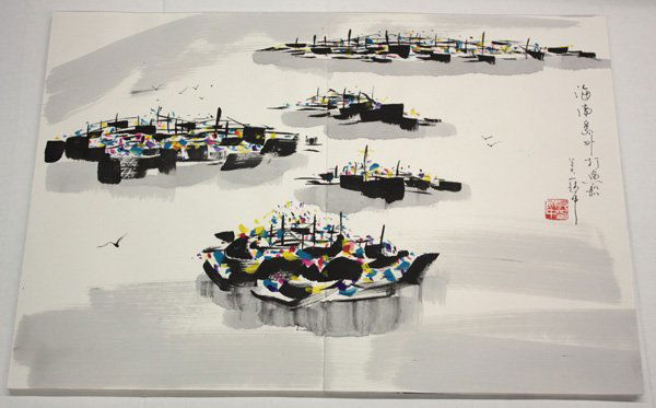 Chinese Painting Album, Wu Guangzhong: Chinese nine-leaf painting album, Landscapes, after Wu Guangzhong (b.1919), ink/color and ink on paper, the front bearing a dedication followed by the signature 'Wu Guanzhong' and one artist seal, eac