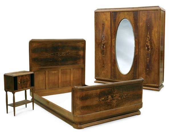 Art Nouveau Majorelle bedroom suite: French Art Nouveau mother-of pearl inlaid Majorelle bedroom suite, early 20th century, bed, armoire and side cabinet; the bed with rectangular marquetry inlaid headboard and curved foot board raised o