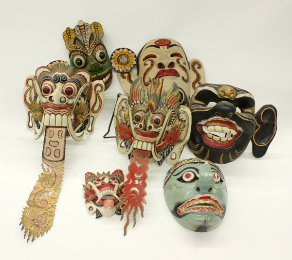 Southeast Asian masks,: (lot of 8) Southeast Asian masks, Balinese and Indonesian, polychrome painted, depicting heroes and demons, largest 24''h