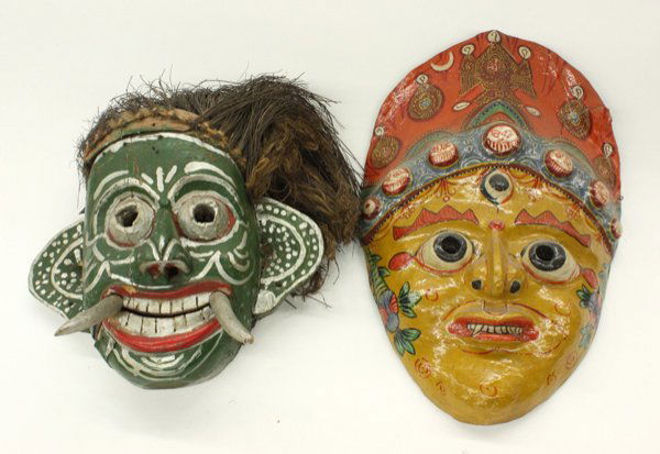 Masks, two East Indian masks: (lot of 4) Masks, two East Indian masks, polychromed paper mache, together with two tribal masks of unknown origin, largest 17''h