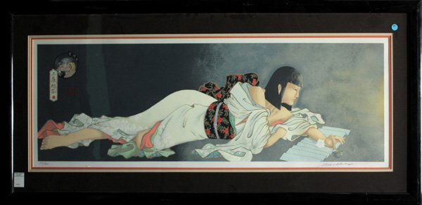 Lithograph Muramasa Kudo Woman Paperwhite: Framed lithograph, Woman with Paperwhite, by Muramasa Kudo (Californian/Japanese, b. 1948), signed ''Muramasa'' lower right, bears chop mark upper left, numbered 168/350, overall: 25''h x 53''w.