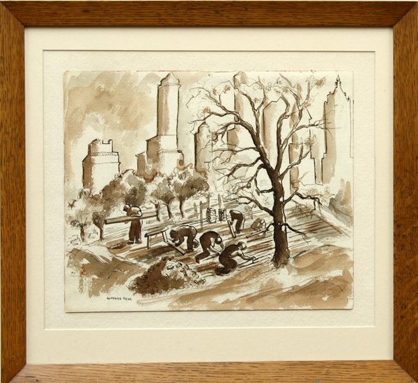 Watercolor, Workers in the Park, Gifford Beal: Framed ink and watercolor, Sepia Cityscape with Construction Workers, by Gifford Beal (American, 1879-1956), signed ''Gifford Beal'' lower left, sheet: 11.5''h x 14''w, overall: 19''h x 20''w