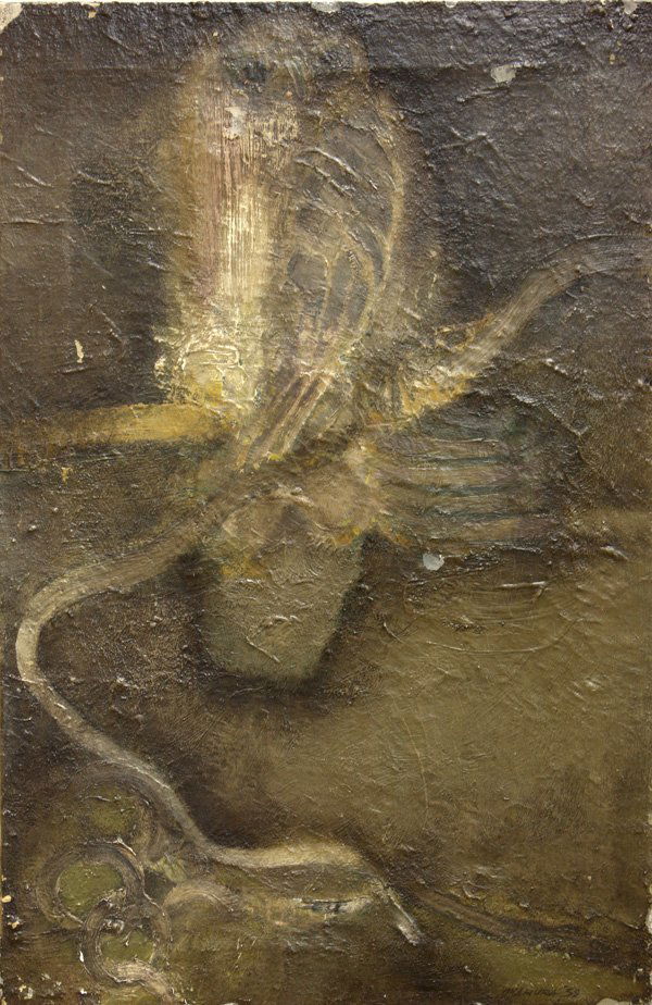 Arthur Okamura Abstract Bird: Unframed oil on canvas, Abstact Bird, by Arthur Okamura (Californian, b. 1932), signed and dated ''Okamura '59'' lower right, some paint loss, overall: 24''h x 15.75''w