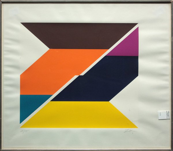 Serigraphs Abstracts Larry Zox: (lot of 2) Framed serigraphs, Abstracts, by Larry Zox (American, 1936-2006), each signed ''Zox'' lower right, one numbered 19/75, one numberede 69/75, largest overall: 23''h x 26.25''w.