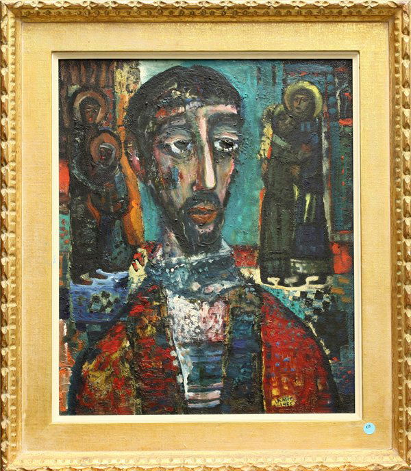 painting, Michael Kmit, Ecce Homo: Framed oil on canvas, ''Ecce Homo,'' by Michael Kmit (Russian/Australian, 1910-1981), signed lower right, label affixed verso, overall: 31.5''h x 27.25''w