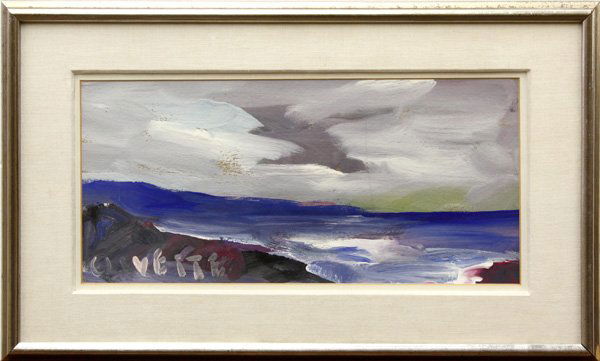 Ocean Landscape, Merton Clivette, tempera: Framed tempera on paper, Ocean Landscape, by Merton Clivette (American, 1868-1931), signed ''Clivette'' lower left, sight: 7.75''h x 16.5''w, overall: 13.75''h x 23''w