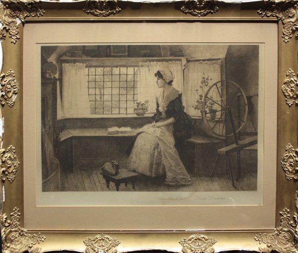 etching, Day Dreams, William Sartain: Framed etching, ''Day Dreams,'' after Percy Moran(American 1862-1935), etched by William Sartain (1843-1924, American), overall: 35.5''h x 41.5''w