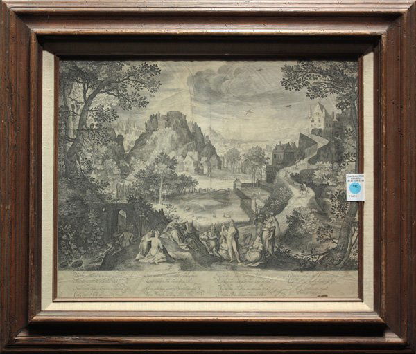 print, after Nicolaes de Bruyn: Framed engraving, The Gathering, after Nicolaes de Bruyn (Flemish, 17th century), overall: 23''h x 27.25''w