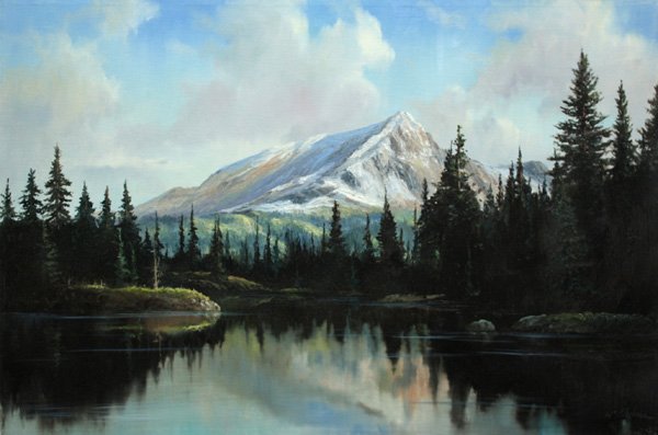 oil painting, Mountain Lake, William Blackman: Unframed oil on canvas, Still Mountain Lake, by William Henry Blackman (Californian, b.1930), signed ''Wm Blackman'' lower right, stamped verso, overall: 24''h 36''w
