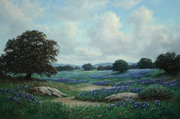 oil painting, Bluebonnets, Landscape, William Bla: Unframed oil on canvas, Bluebonnets in a Field, by William Henry Blackman (Californian, b.1930), signed lower right, stamped verso, additional paperwork attached verso, overall: 24''h x 36''w