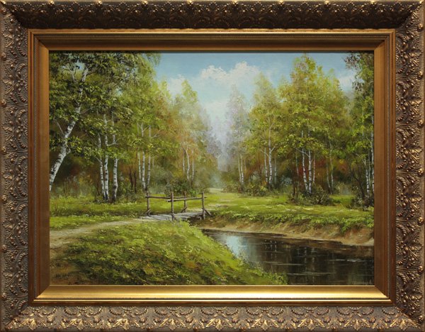 oil painting, Bridge, Landscape: Framed oil on canvas, Little Bridge in a Landscape with Birches, signed in Cyrillic lower right (Kuznetsov), inscribed verso, overall: 28.5''h x 34''w