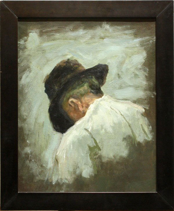 oil painting, Head of a Man, Hat, after Thomas Ea: Framed oil on linen, Study of a Man's Head from ''Mending the Net,'' unsigned, after Thomas Eakins, overall: 23.5''h x 19.5''w