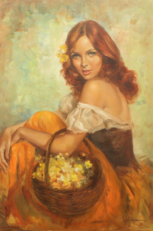 oil painting, Woman with Flowers, Leo Jansen: Unframed oil on canvas, Woman with a Basket of Yellow Flowers, by Leo Jansen (Californian, 1930-1980), signed lower right, signed, inscribed, and stamped verso, overall: 36''h x 24''w