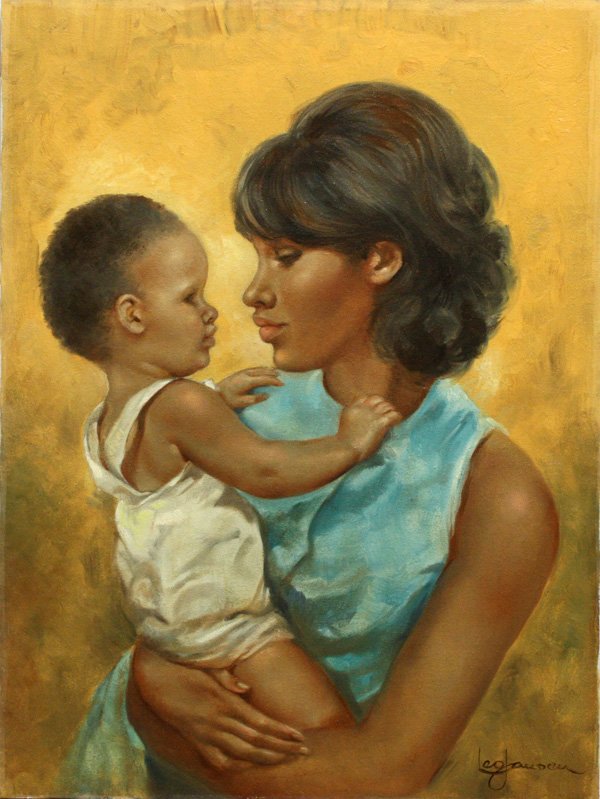 oil painting, Mother and Child, Leo Jansen: Unframed oil on canvas, Portrait of a Mother and Child, by Leo Jansen (Californian, 1930-1980), signed lower right, inscribed and stamped verso, overall: 24''h x 18''w