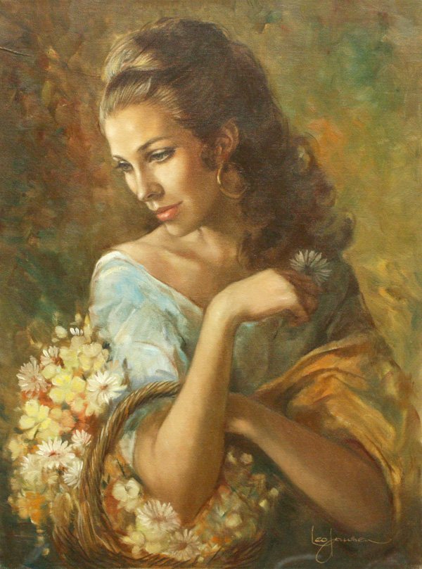 oil painting, Woman with Flower Basket, Leo Janse: Unframed oil on canvas, Woman with a Basket of Flowers, by Leo Jansen (Californian, 1930-1980), signed lower right, signed, inscribed, and stamped verso, overall: 24''h x 18''w