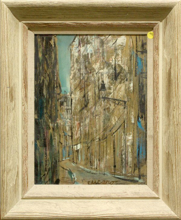 Painting City Street Pascal Cucaro: Framed oil on canvas, City Street, by Pascal Cucaro (Californian, 1915-2004), signed lower center, overall: 22''h x 18''w.