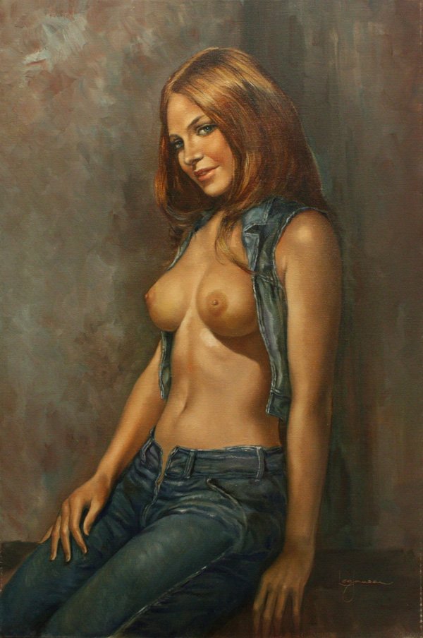 Painting Leo Jansen Topless Redhead with Denim Ve: Unframed oil on canvas, Topless Redhead with Denim Vest, by Leo Jansen (Californian, 1930-1980), signed lower right and verso, stamped verso, overall: 32''h x 24''w.